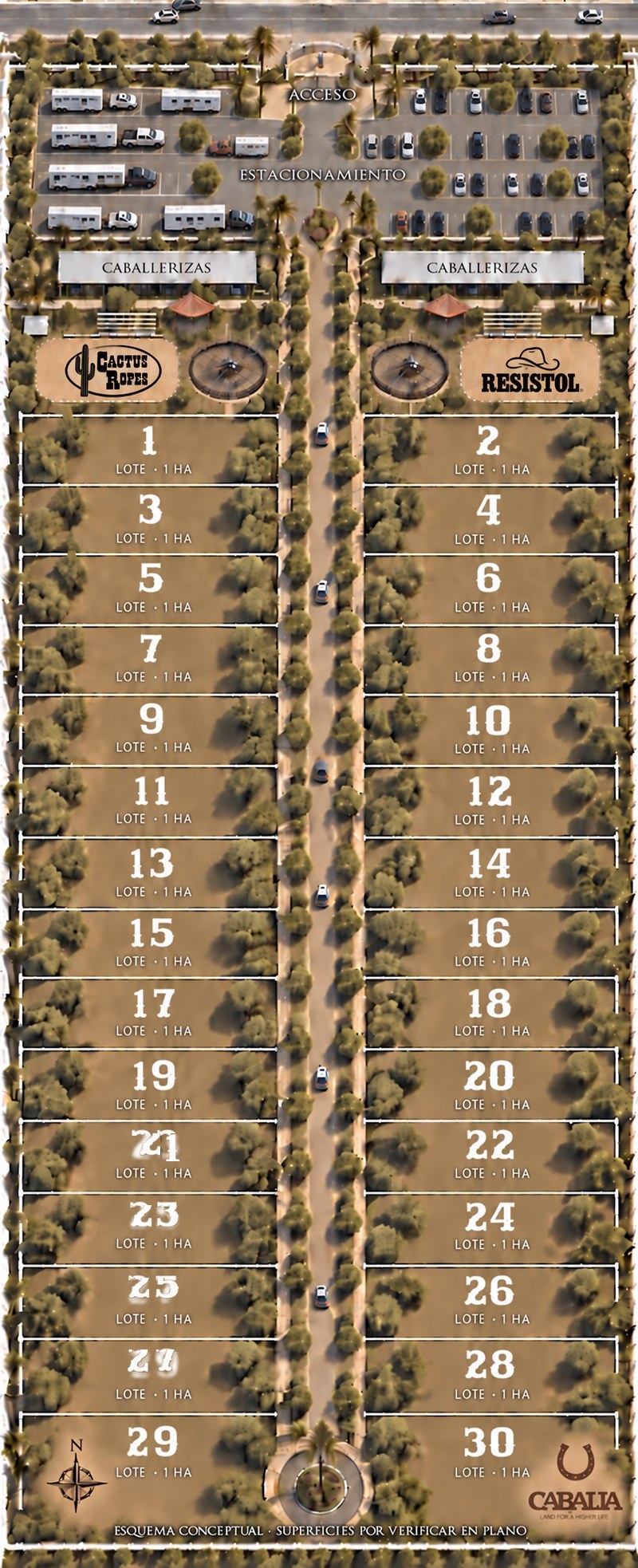 Master plan aéreo del fraccionamiento Cabalia con caballerizas, arenas y lotes