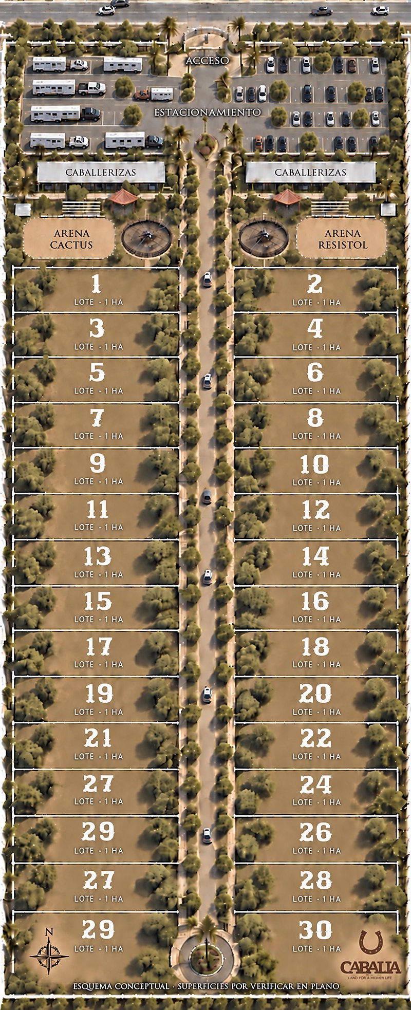Master plan aéreo del fraccionamiento Cabalia con caballerizas, arenas y lotes