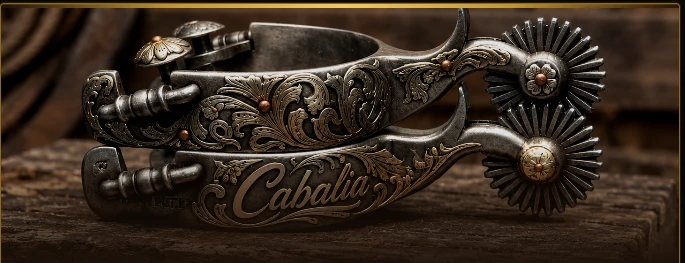 Espuelas finamente grabadas con el nombre Cabalia